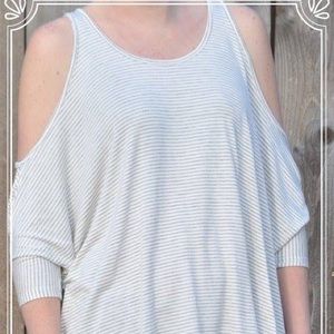 Grey and white stripe cold shoulder top